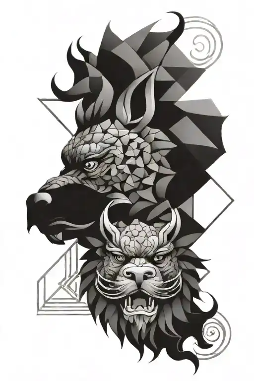Foo Dog Head With Geometric Background Traditional