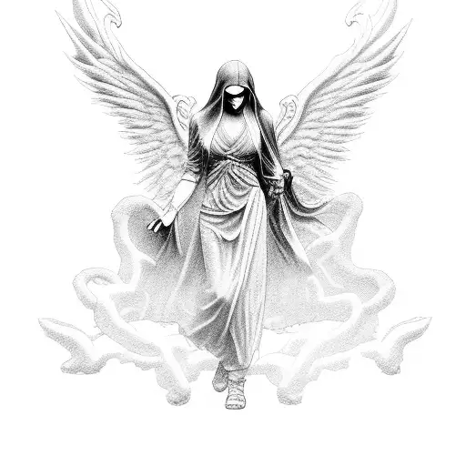 Demon Praying And A Female Angel To The Left And Female Angel To The Right