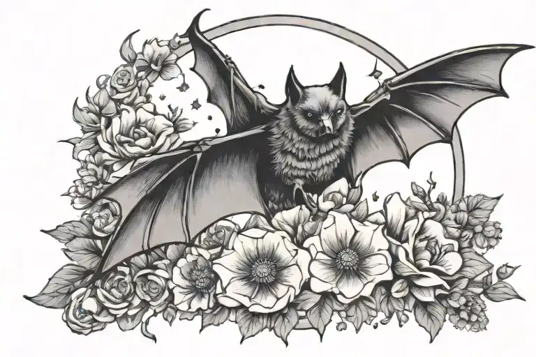 Bat With A Gem Stone Surrounded By Flowers And Moon