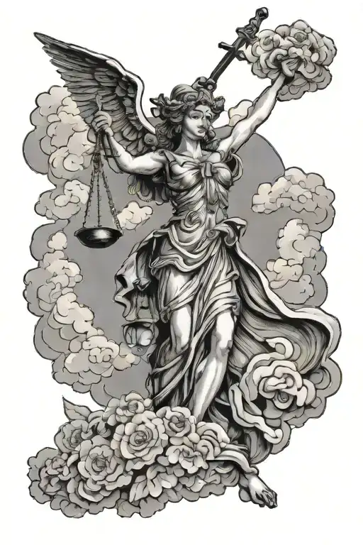 Lady Justice With Sword And Scale With Clouds Behind
