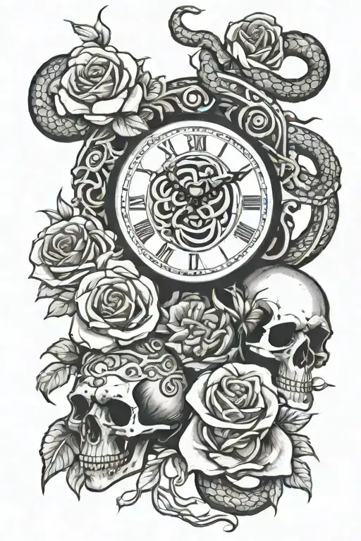 Clock And Snake And Skull With Roses