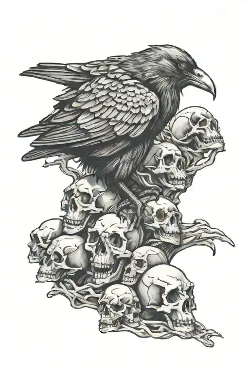A Crow Perched On A Pile Of Skulls