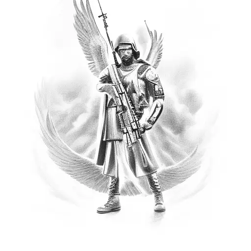 A Black And Grey Portrait Of Archangel Michael Holding A Military Rifle