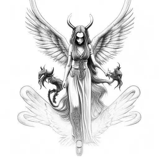 Demon Praying And A Female Angel To The Left And Female Angel To The Right