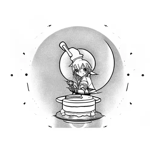 A Whimsical Tattoo Of An Anime-inspired Character Baking A Cake With The Sun And Moon As Ingredients