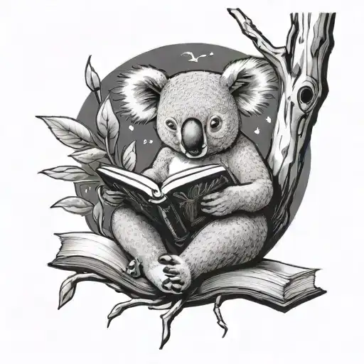 A Creative Tattoo Design Of A Koala Reading A Book Under A Tree With A Peaceful And Serene Vibe