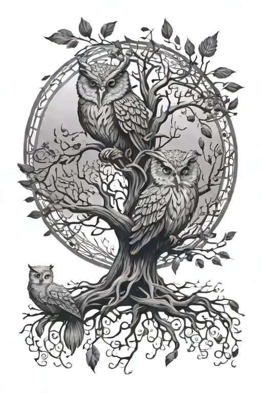 Black Grey Tree Of Life Intertwined With Owl Feathers Which Come Down Underneath