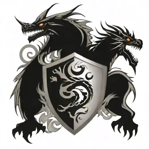 Dragon With Pisces And Gemini Symbol On Shield Coming Out Of Fire