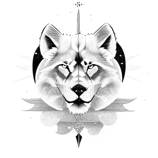 Strength Tarot Card With Lion And White Husky And Moons