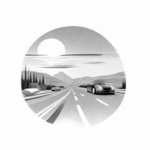 Two Cars From Behind Heading In A Sunset In A Straight Road With Mountains At The End