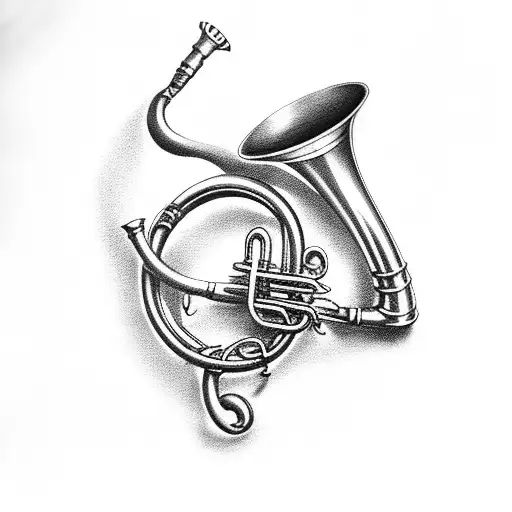 A Black-grey Tattoo Of The Blue French Horn As A Symbol Of Love