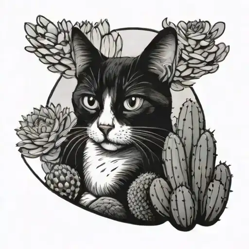 Tuxedo Cat Hiding Behind Cactus