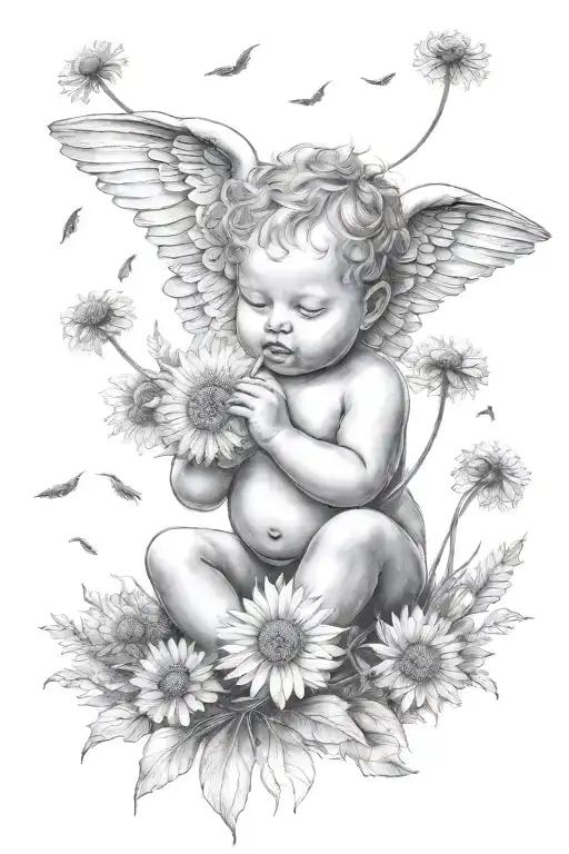 Cute Cherub Holding A Dandelion Flower And Sitting In A Field Of Flowers