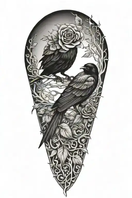 Black Rose Raven Perched On Vines Wrapping Around Calf