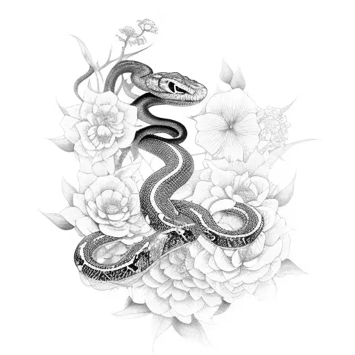 Snake Entangled In Flowers