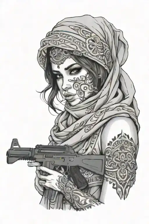 Girl With Arabic Scarf With Ak 47