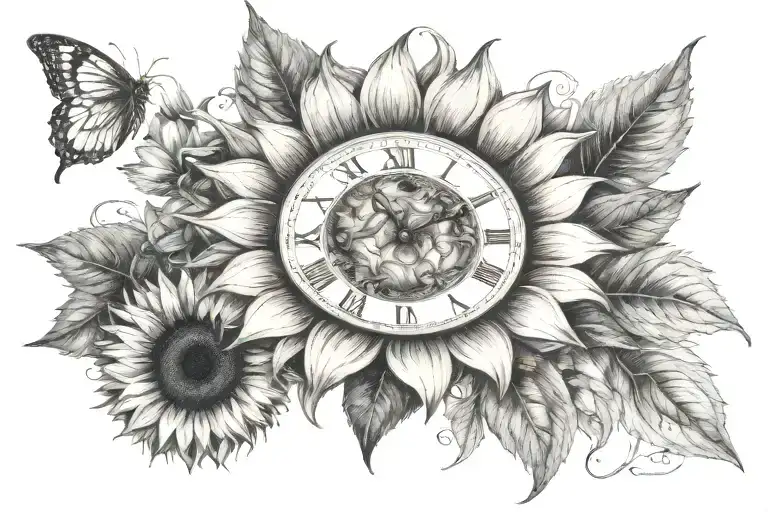 Sunflower With A Clock In The Center Symbolizing The Client's Not A Lot Around The Flower
