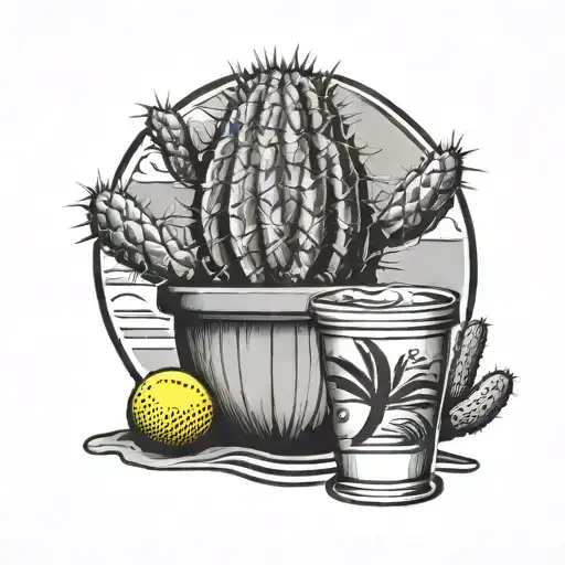 Tennis Ball And Dutch Bros Cup Sitting Next To A Cactus In The Desert