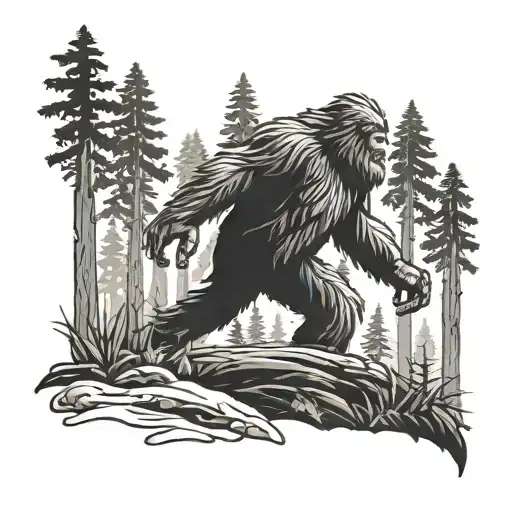 A Black-grey Tattoo Of A Mysterious Bigfoot Creature Lurking In The Shadows Of A Dense Forest