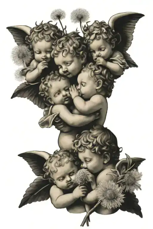 6 Cherubs Holding A Dandelion Flower