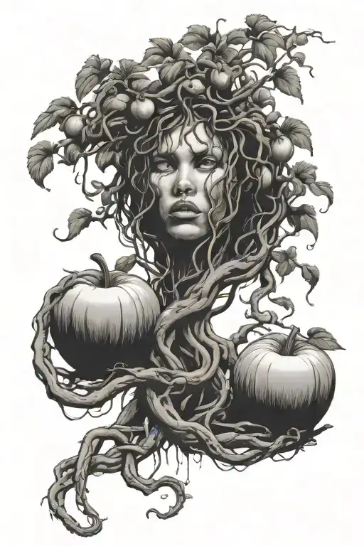Realistic Medusa By A Tall Apple Tree With Two Rotten Apples On The Ground