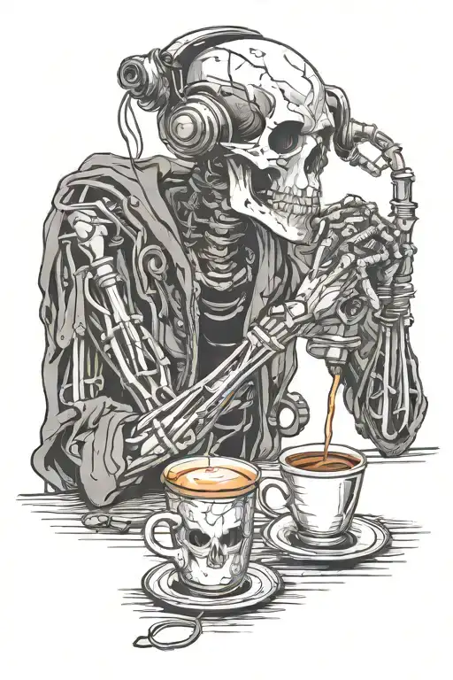 A Developer Skelaton Is Coding While Listening Music And Drinking Coffee