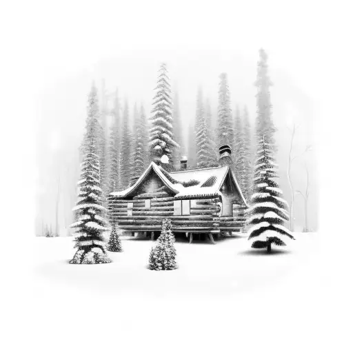Snowy Forest With Cabin