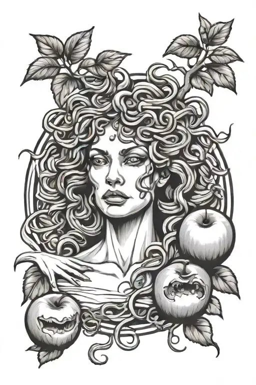 Medusa In Front Of An Apple Tree With Two Rotten Apples On The Ground