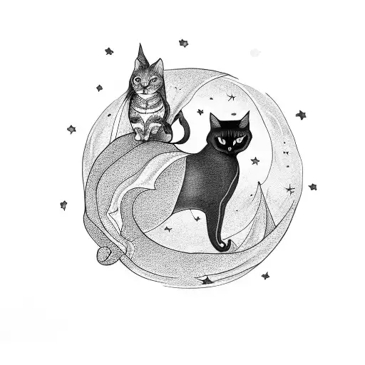 A Black-grey Tattoo Of A Witch Riding A Black Cat Under A Starry Night Sky