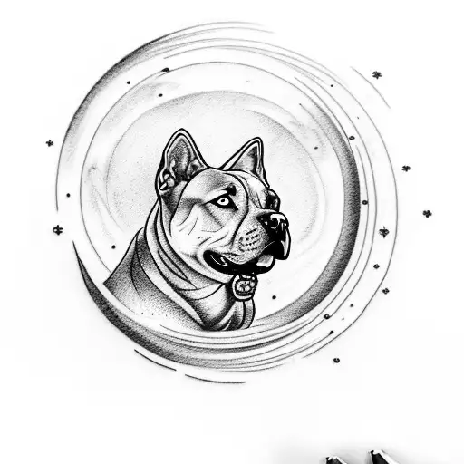 A Traditional Tattoo Of A Pitbull Howling At The Moon With Snow-capped Mountains In The Background