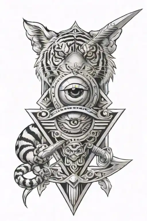 An Evil Eye Shield With A Warrior Sword And Tiger Stripes