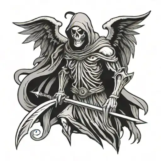 Winged Grim Reaper Holding A Thrudark Trident Symbol