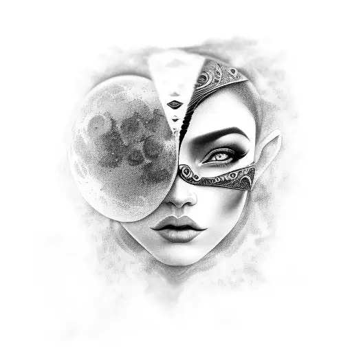 A Black And Grey Portrait Of The Client As A Moon Goddess