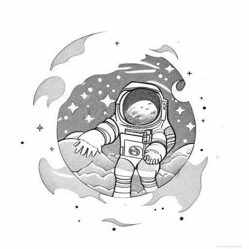 An Astronaut Floating With Planets And Stars With A Moon To Go On The Forearm
