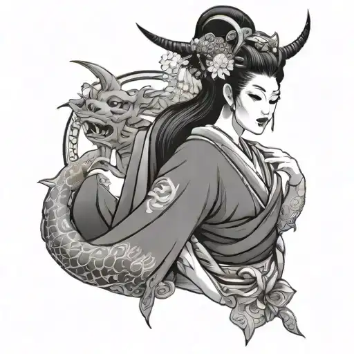 A Sexy Geisha Holding An Oni Demon Mask