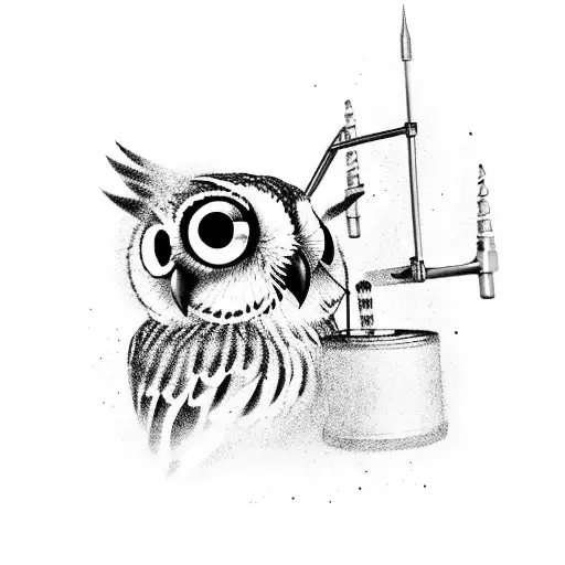 A Black-grey Tattoo Of An Owl Dj Spinning Trap Records With Drill Music Notes Surrounding It