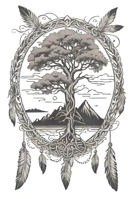 Tree Of Life With Mountains In The Background And Feathers Hanging Below
