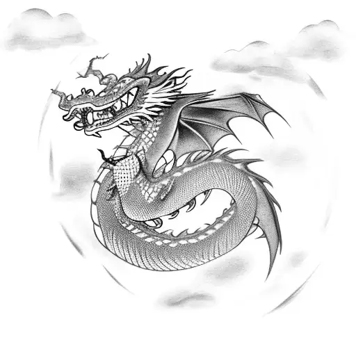 Dragon Protecting Two Baby Dragons On Mountainside