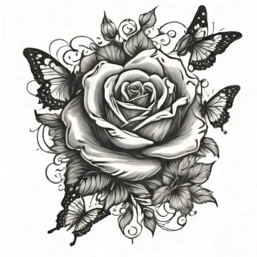 Rose With Butterflies Flying