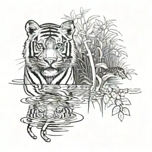 A Adult Tiger In The Jungle Drinking From A Pond And A Reflection Of A Tiger Cub In The Water