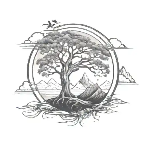 Tree Of Life In A Circle With Mountains In The Background And Feathers Extending Down From Below