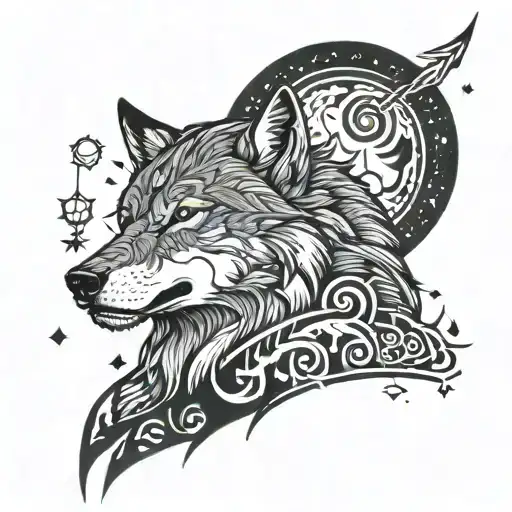 A Wolf Adorned With Viking Runes And Symbols Howling At The Northern Lights In The Night Sky