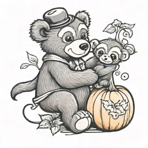 Teddy Bear Holding A Baby Monkey With A Pumpkin Patch