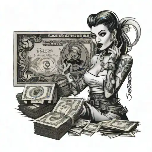 A Seductive Femme Fatale Holding A Stack Of Cash With A Background Of City Lights And Dollar Signs