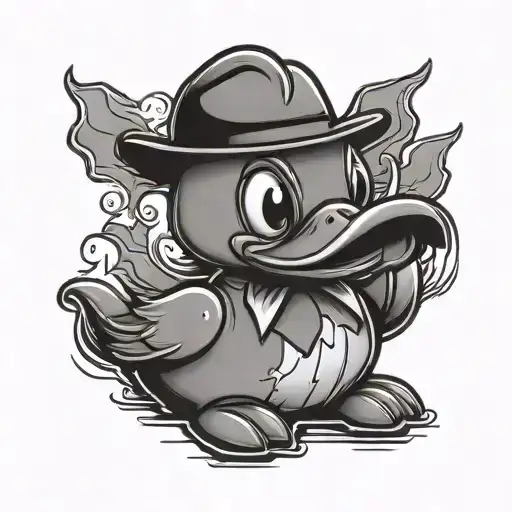 A Black-grey Tattoo Of A Cartoon Rubber Duck With A Face As Michael Myers From Halloween