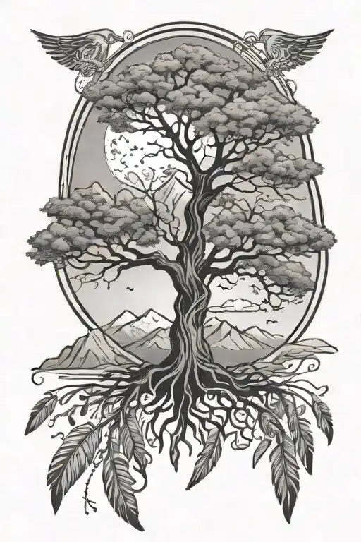 Tree Of Life With Mountains In The Background And Feathers Hanging Below
