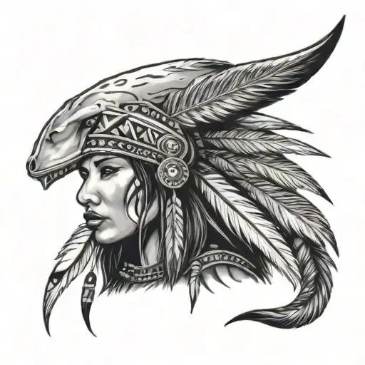 A Native American Woman Wearing Headress Pattern Incorporating Shark Teeth And Spears