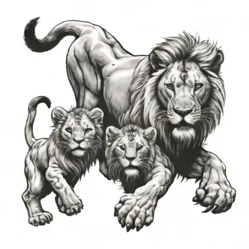 An Old Lion With A Younger Lion And A Baby Lion