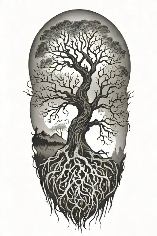 Tree Of Life With Roots Reaching Into Halk Feathers