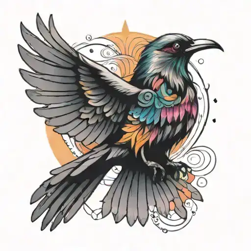 A Black-grey Tattoo Of A Mystical Bird With A Kaleidoscope Of Colors Emanating From Its Wings